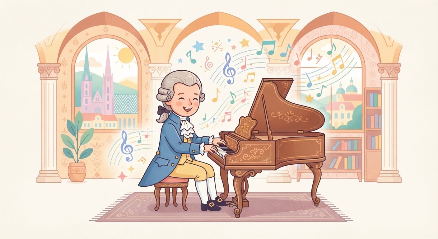 Storybook illustration of Mozart playing a wooden keyboard, surrounded by colorful musical notes.